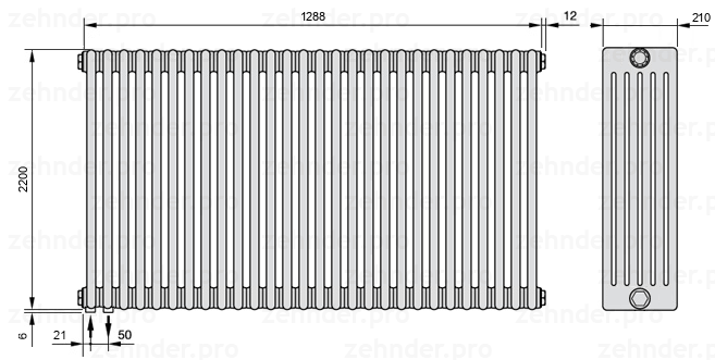 Схема (чертеж) Радиатор Zehnder Charleston 6220/28 №3370 Белый глянцевый RAL 9016